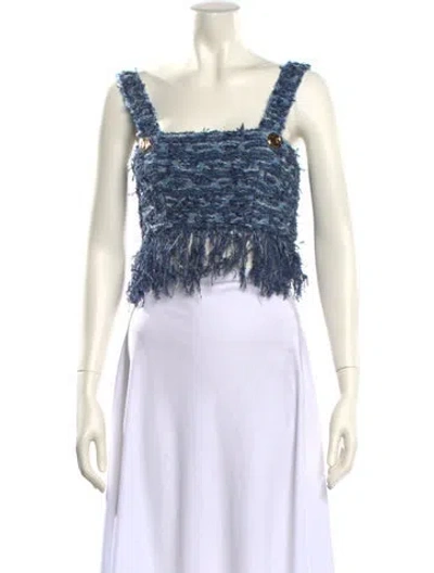 Pre-owned Balmain Printed Square Neckline Crop Top In Blue