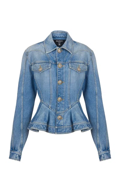 Balmain Peplum Denim Jacket In Blue
