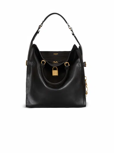 Balmain Pulse Large Waxed Calfskin Leather Tote Bag In Black