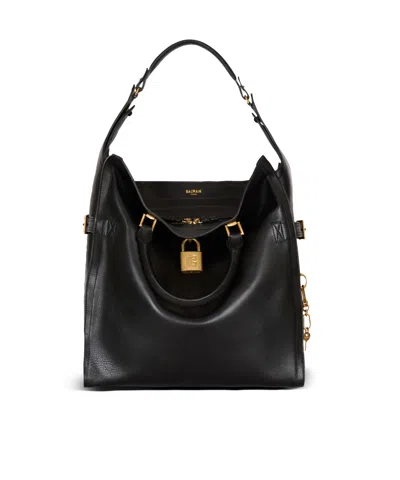 Balmain Pulse Large Waxed Calfskin Leather Tote Bag In Black