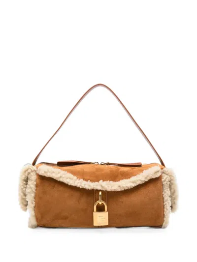 BALMAIN PULSE SHEARLING-TRIM SUEDE SHOULDER BAG