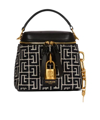 Balmain Pulse Vanity Bag In Monogrammed Jacquard Canvas And Leather In Black
