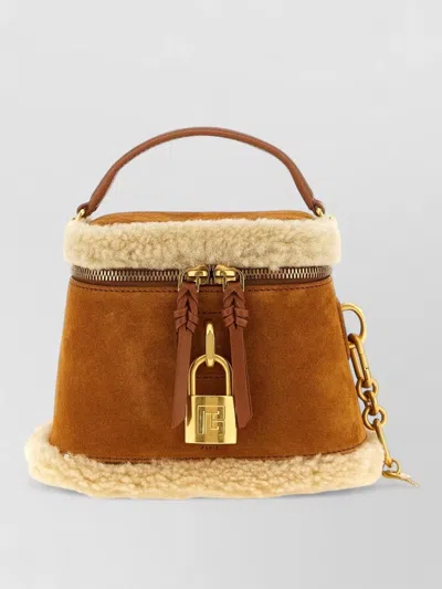 Balmain Pulse Vanity Suede Shearling Shoulder Bag In Brown