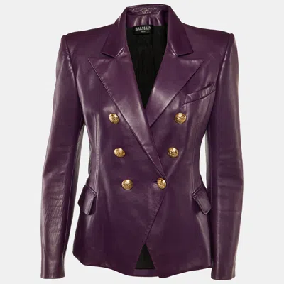 Pre-owned Balmain Purple Leather Double Breasted Blazer L