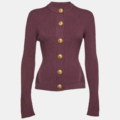 Pre-owned Balmain Purple Rib Knit Button Up Cardigan S