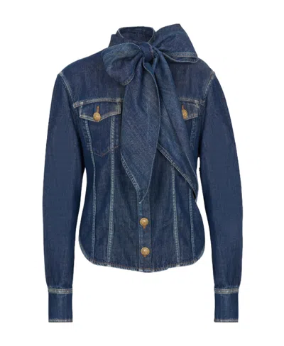 Balmain Pussy-bow Denim Shirt In Blue