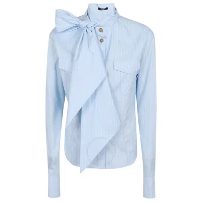 Balmain Striped Cotton Popeline Shirt With Bow Detail In Blue