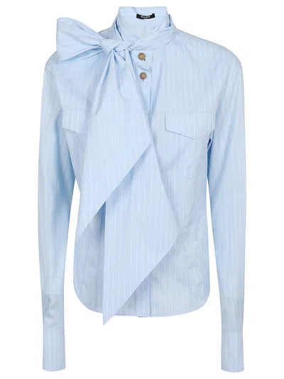 Balmain Pussy Bow Striped Cotton Popeline Shirt In Slj Bleu Pale Blanc