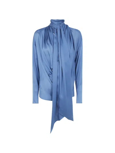 Balmain Blouse Open Neck Draped Silk Charmeuse In Blue