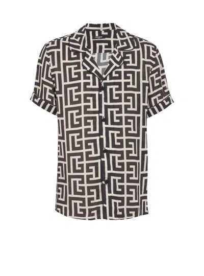Balmain Monogram Printed Short-sleeved Shirt In Black
