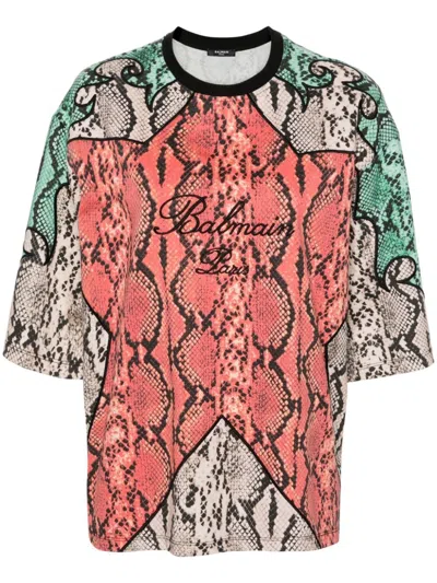 Balmain Python-print Organic Cotton T-shirt In Multicolor