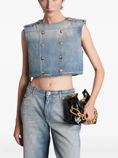 Balmain Quilted Button Top In Blue