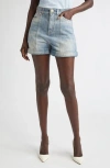Balmain Quilted High Waist Denim Shorts In Blue