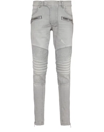 Balmain Biker Jeans In Grey Quilted Denim
