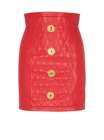 Balmain Quilted Lambskin Skirt With Diamond Motif In Red