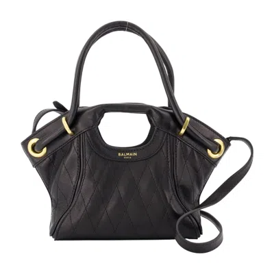 Balmain Quilted Lambskin Top Handle Bag In Black