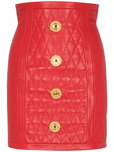 Balmain Quilted Leather Mini Skirt In Red
