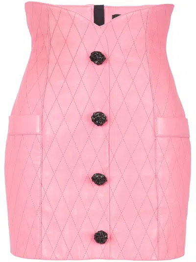 Balmain Gesteppter Tulpenrock Aus Leder In Pink