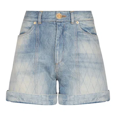 Balmain Quilted Light Blue Denim Short