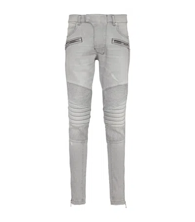 Balmain Biker Jeans In Grey Quilted Denim