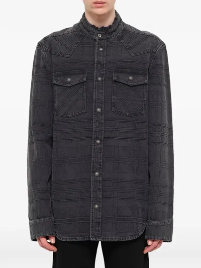 Balmain Quilted-effect Distressed-collar Shirt In Gray