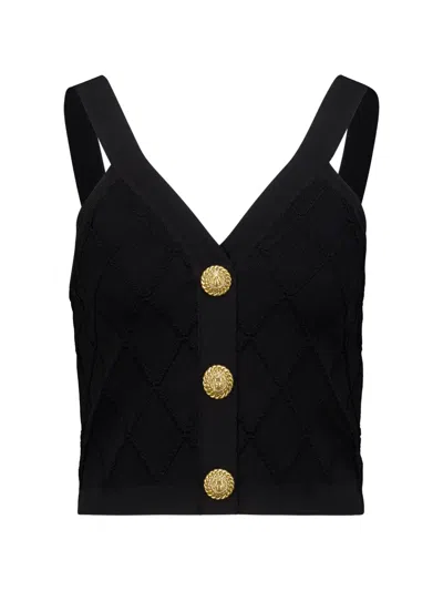 Balmain Quilted-knit Button-up Top In Black