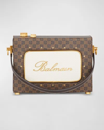 Balmain Radio Monogram Crossbody Bag In Waxed Canvas And Leather In Brown