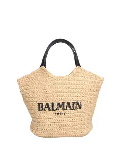 Balmain Raffia Logo Tote Bag In Red