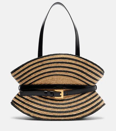 Balmain Raffia-effect Striped Shoulder Bag In Black