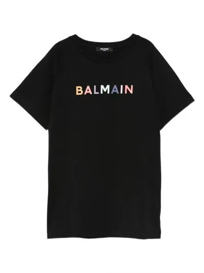 Balmain Kids' Rainbow-logo Cotton T-shirt In Black