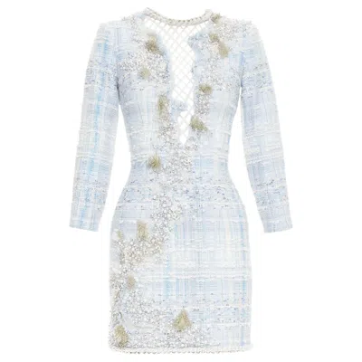 Pre-owned Balmain Rare  Blue White Tweed Pearl Bead Embellished Plunge Mesh Dress Fr34 Xs
