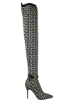 Balmain Bicolor Knit Raven Thigh-high Boots With Monogram Strap
