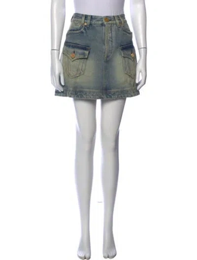 Pre-owned Balmain Raw-edge Trim Mini Skirt In Blue