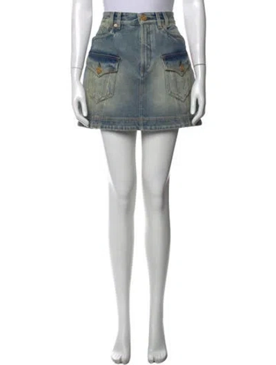Pre-owned Balmain Raw-edge Trim Mini Skirt In Blue