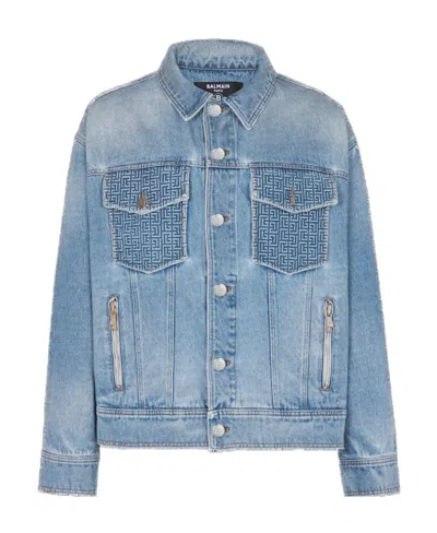 Balmain Rear Logo-print Denim Jacket In Blue