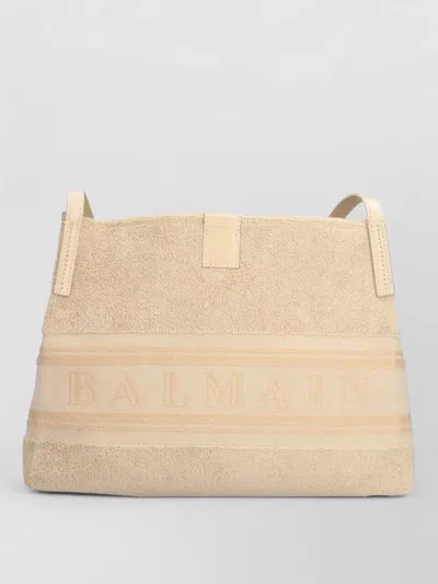 Balmain Rectangular Shoulder Bag Textured Fabric Dual Handles In Neutral