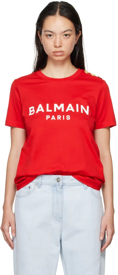Balmain Red ' Paris' T-shirt In Mcz Rouge/blanc