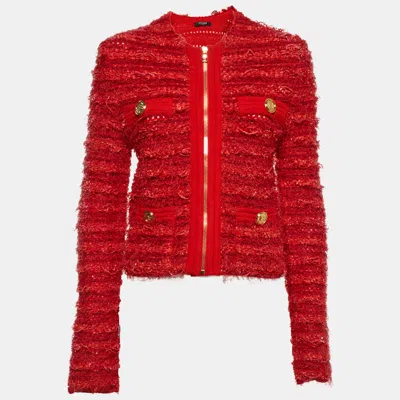 Pre-owned Balmain Red Button Embellished Tweed Knit Zip Up Jacket S