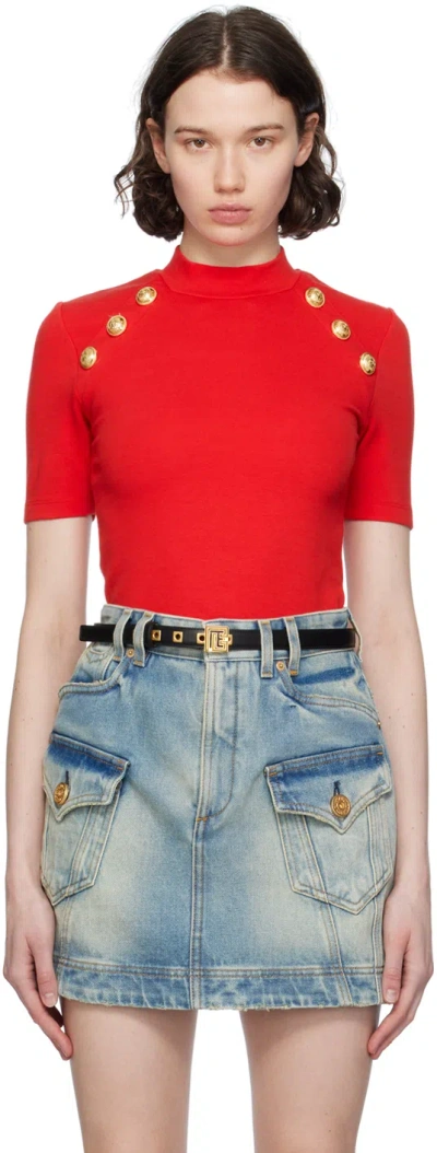 Balmain Red Button T-shirt In 3cf Rouge