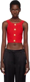 Balmain Red Buttoned Boatneck Knit Cropped Tank Top In 3kb Rouge Vif