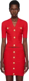 Balmain Red Buttoned Knit Cropped Cardigan In 3kb Rouge Vif