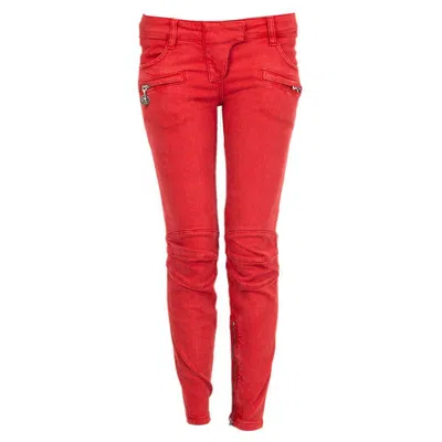 Pre-owned Balmain Red Cotton Denim Skinny Biker Jeans Pants 38 Xs