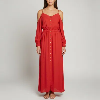 Pre-owned Balmain Red Crinkle Cotton Off Shoulder Maxi Dress L