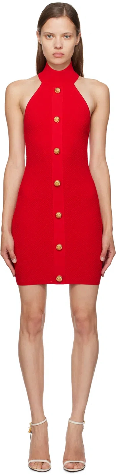 Balmain Knitted Halter Neck Mini Dress In Red