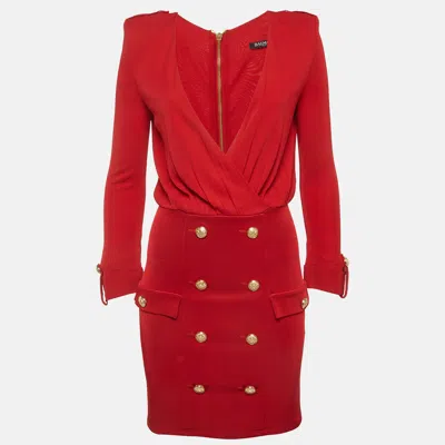 Pre-owned Balmain Red Jersey Plunge Neck Mini Dress M