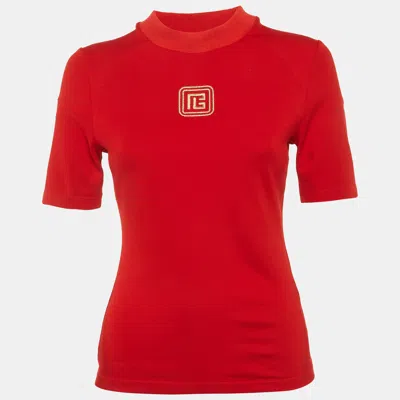 Pre-owned Balmain Red Logo Embroidered Jersey Top M