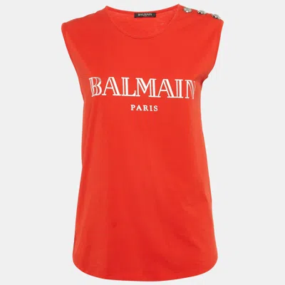 Pre-owned Balmain Red Logo Print Cotton Knit Button Front Sleeveless S