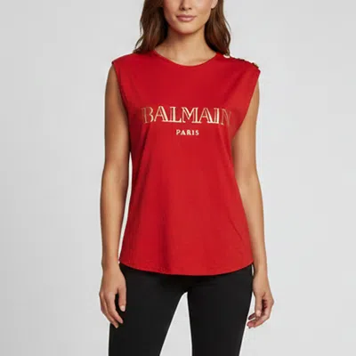 Pre-owned Balmain Red Logo Printed Cotton Sleeveless T-shirt M