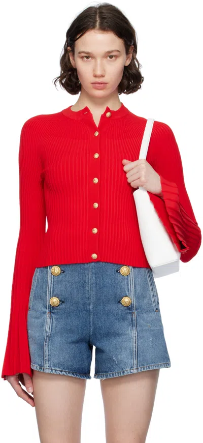 Balmain Red Pleated Cardigan In 3cf Rouge