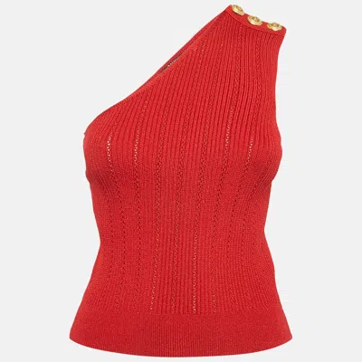 Pre-owned Balmain Red Pointelle Knit One-shoulder Top S